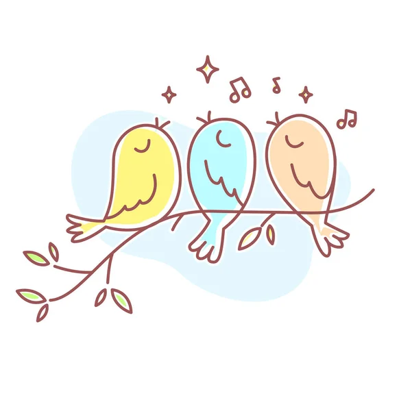 Ilustración Primavera Vectorial Tres Hermosos Pájaros Cantores Sentados Una Rama — Vector de stock