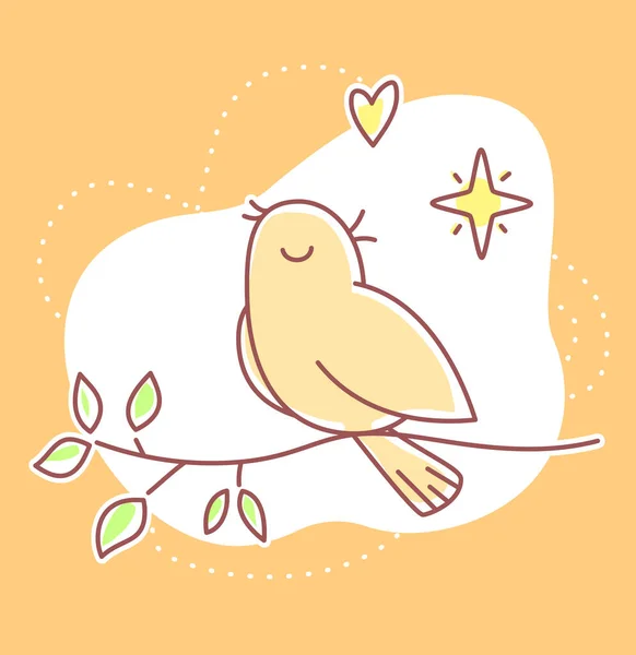 枝に座ってオレンジ色の背景に美しい歌声鳥のベクトル春のイラスト ウェブ サイト ロマンチックなバナー グリーティングカードのためのフラットラインアートスタイルの鳥 — ストックベクタ