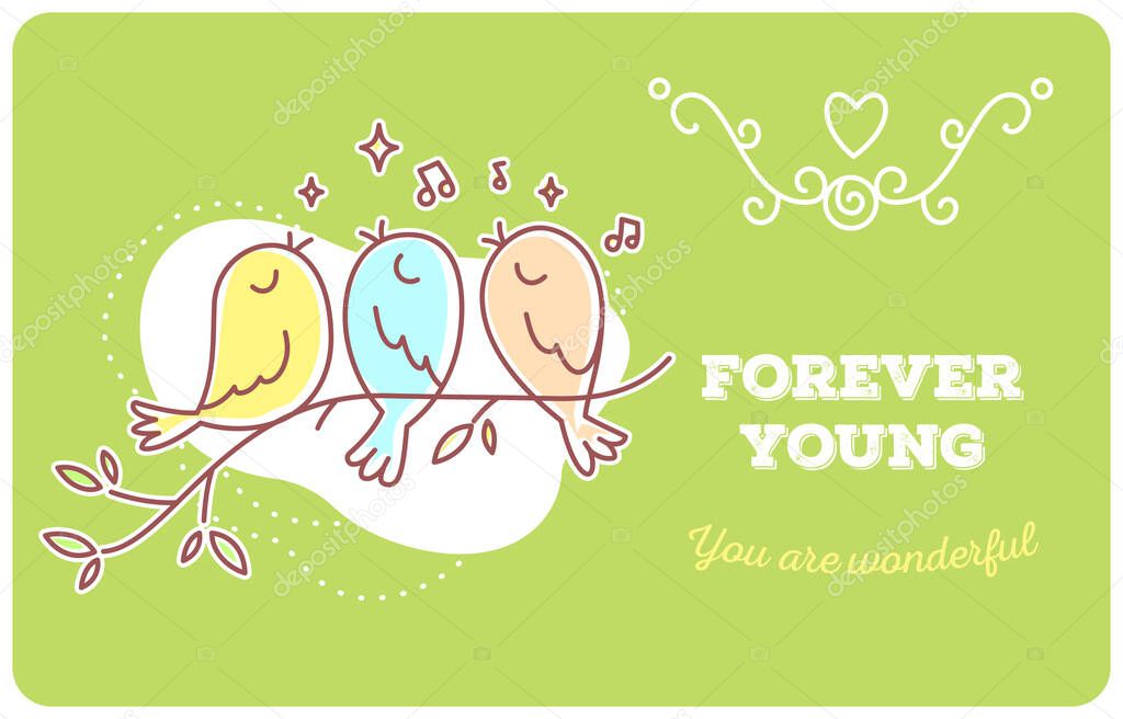 Vector template with illustration of beautiful singing three birds sitting on a branch with notes on green background. Flat line art style bird for print, web, site, gift card, romantic banner, greeting card