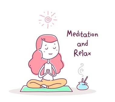 Pembe saçlı güzel mutlu kızın temsilcisi meditasyon yapıyor. El çizimi düz çizgili resim stili kız lotus pozu veriyor tişört baskısı, web sitesi, kart için