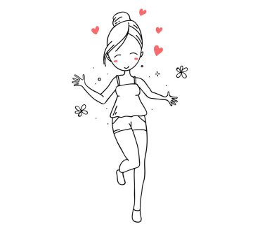 Kırmızı kalpleri ve çiçekleri olan güzel mutlu bir kızın temsili. Tişört baskısı, boyama kitabı, çıkartma, web sitesi, tebrik kartı, romantik poster için renksiz, el çizimi düz çizili sanat kızı.