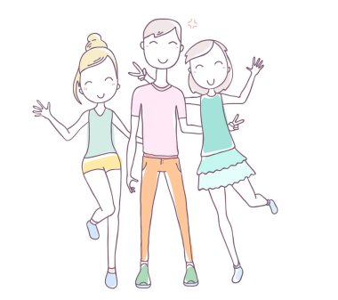Beyaz arka planda yaz kıyafetleri içinde mutlu poz veren kız ve erkek çocuklarına sarılmanın temsili bir temsili. Tişört baskısı, çıkartma, web sitesi, tebrik kartı, poster için el çizimi düz resim tarzı geçmişe dönük gençler