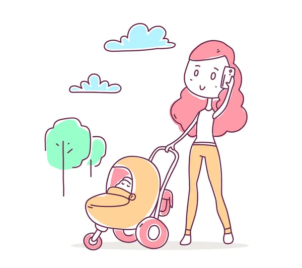 Vector Illustration Beautiful Happy Girl Pants Walking Baby Stroller Talking — Stock Vector