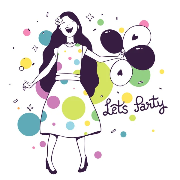 Vector Bright Illustration Beautiful Laughing Happy Girl Dress Bunch Balloons — Stock Vector