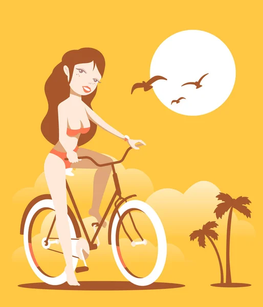 Ilustração Vetorial Bela Menina Sorriso Feliz Maiô Uma Bicicleta Fundo —  Vetores de Stock