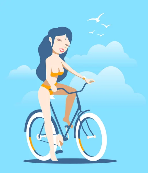 배경에 자전거를 행복하게 아름다운 소녀의 모습이 티셔츠 사이트 인사장 포스터 — 스톡 벡터