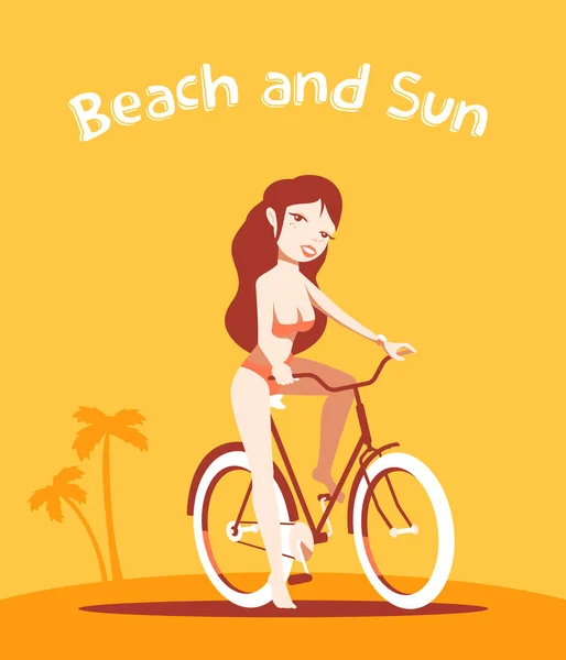 Ilustração Vetorial Bela Menina Sorriso Feliz Maiô Uma Bicicleta Fundo —  Vetores de Stock