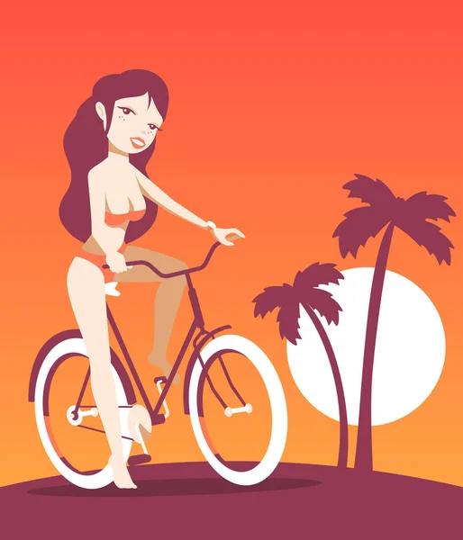 해변에서 야자나무와 자전거를 헤엄치고 아름다운 미소를 아름다운 소녀의 티셔츠 사이트 — 스톡 벡터