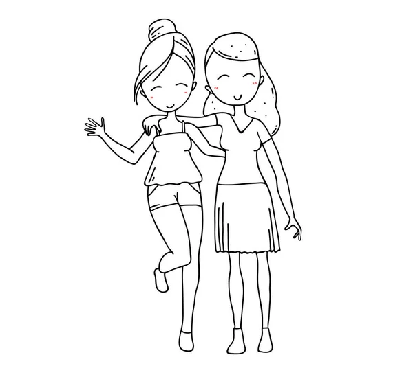 Wektor Ilustracji Piękne Szczęśliwe Przytulanie Dwie Dziewczyny Letnie Ubrania Odizolowane — Wektor stockowy
