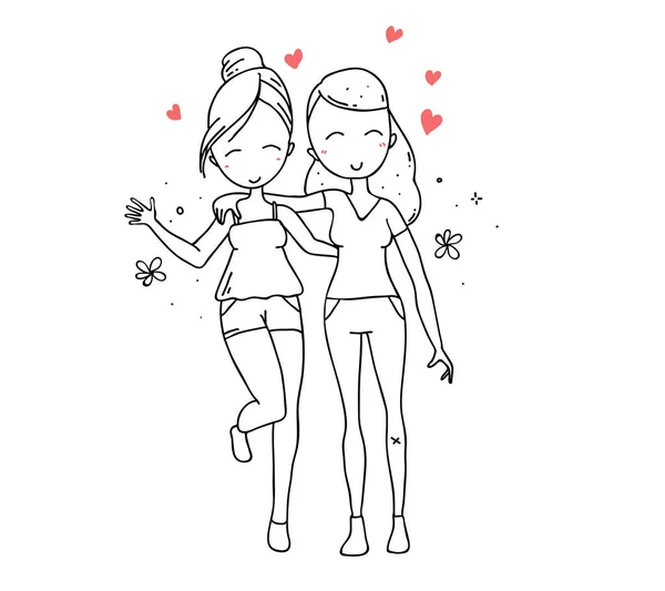 Vector Illustratie Van Mooi Gelukkig Knuffelen Twee Meisjes Met Rode — Stockvector