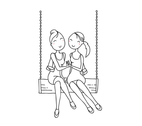 图上是两个穿着漂亮衣服的年轻姑娘坐在一起的美丽而快乐的照片 手绘扁平线条艺术风格 无彩色少女 用于T恤衫印刷 彩色书 — 图库矢量图片
