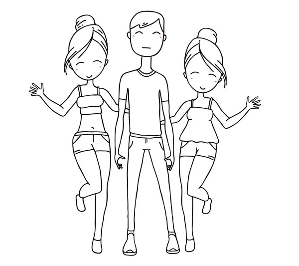 Ilustración Vectorial Niño Posando Abrazo Feliz Con Chicas Pantalones Cortos — Vector de stock