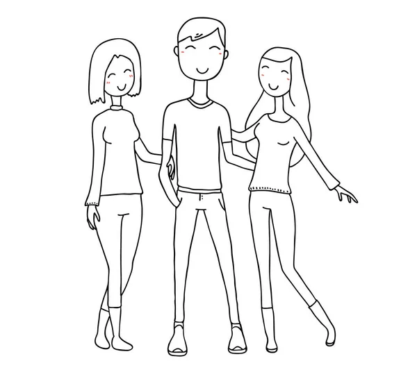 Ilustração Vetorial Menino Posando Abraço Feliz Com Duas Meninas Atraentes — Vetor de Stock