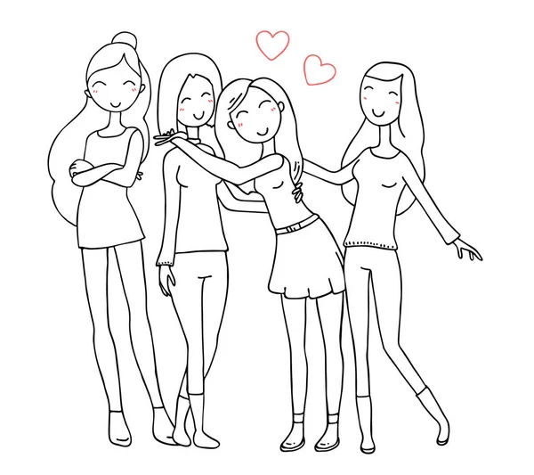 Vector Illustration Group Beautiful Happy Girls Hugging Posing Young Girls — Stock Vector