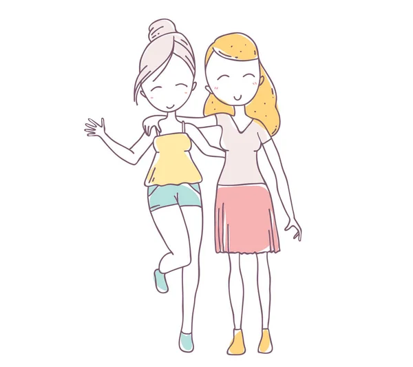 Vektorové Ilustrace Krásné Šťastné Objímání Dvě Dívky Letním Oblečení Izolované — Stockový vektor