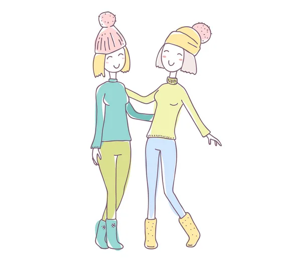 Vektorové Ilustrace Krásné Šťastné Objímání Barvy Dvě Dívky Zimním Oblečení — Stockový vektor