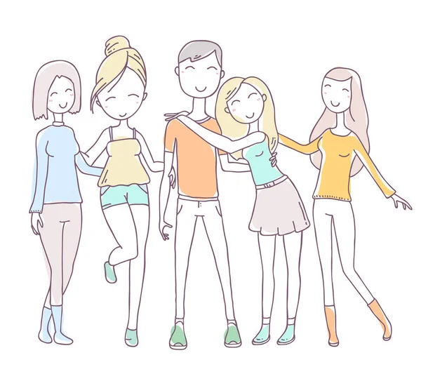 Ilustração Vetorial Abraços Felizes Grupo Pessoas Posando Menino Meninas Roupas — Vetor de Stock