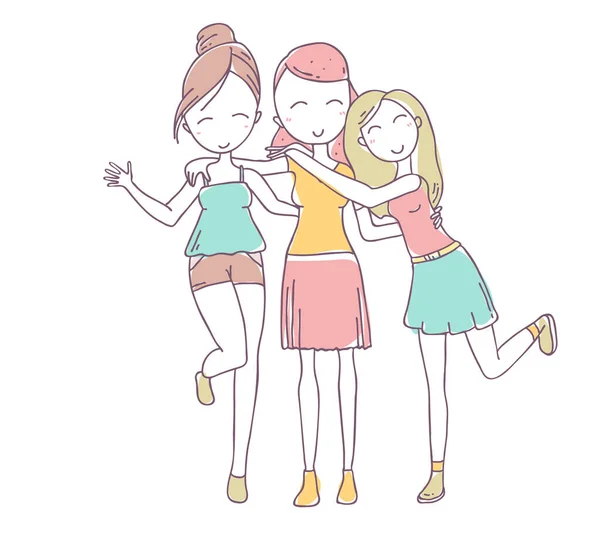 Illustration Vectorielle Belle Étreinte Heureuse Trois Filles Sur Fond Blanc — Image vectorielle