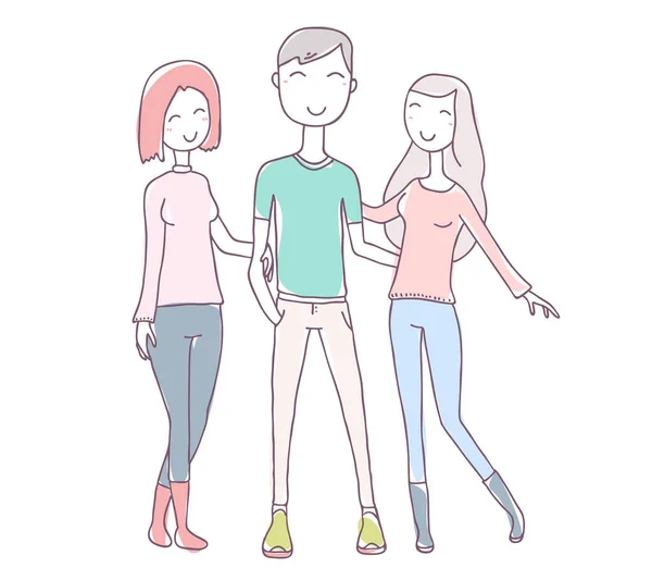 Ilustração Vetorial Menino Meninas Posando Feliz Abraçando Grupo Pessoas Sorridentes — Vetor de Stock