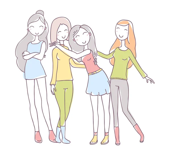 Vector Illustratie Van Een Groep Mooie Gelukkige Meisjes Jonge Meisjes — Stockvector