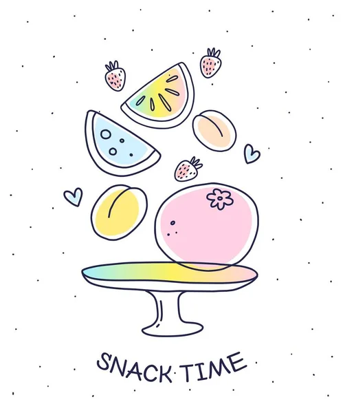 Ilustración Vectorial Muchas Frutas Coloridas Plato Sobre Fondo Blanco Con — Vector de stock