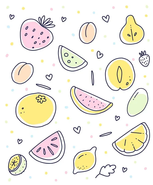 Ilustração Vetorial Muitas Frutas Coloridas Sobre Fundo Branco Com Pontos — Vetor de Stock