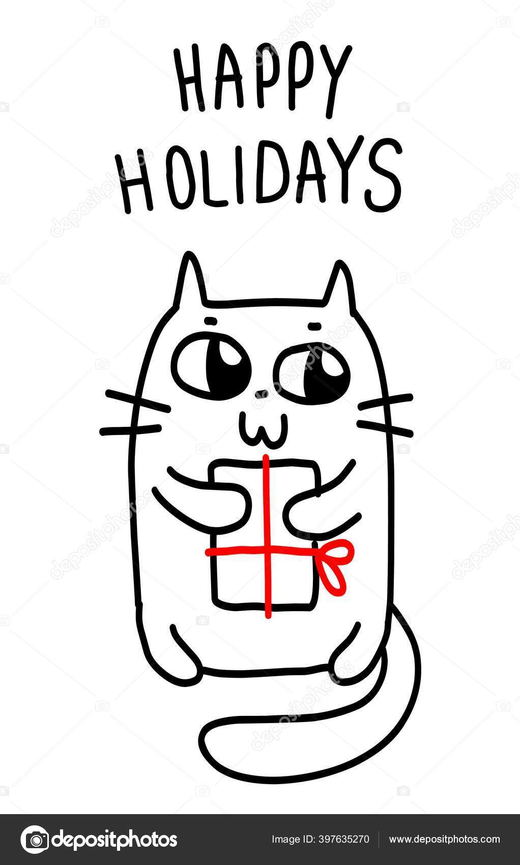 Ilustrasi Monokrom Vektor Dari Kucing Gemuk Kartun Dengan Hadiah Dengan Stok Vektor C Marinavlasova 397635270