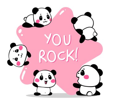 Beyaz arkaplanda yazılı büyük pembe yıldızlı pekçok pandanın vektör çizimi. Mutlu küçük şirin panda. Poster, tebrik kartı, tişört, baskı, çıkartma için düz çizgi çizimi el tasarımı