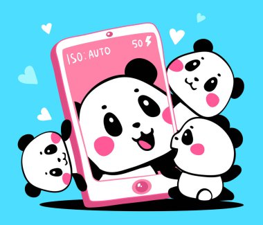 Mavi arka planda fotoğrafı olan büyük telefonlu sevimli çizgi film pandanın vektör çizimi. Küçük mutlu panda bir mesaj aldı. Poster, tebrik kartı, tişört, baskı, çıkartma için düz çizgi çizimi el tasarımı