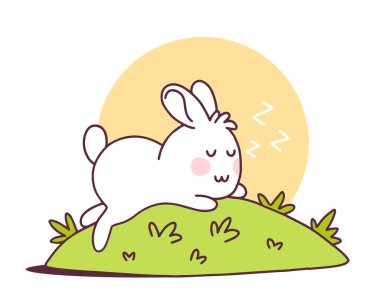 Yeşil çayır arka planında uyuyan sevimli çizgi film tavşanının vektör çizimi. Mutlu küçük sevimli tavşan. Tebrik kartı, davetiye, tişört, baskı, çıkartma için düz çizgi çizimi el tasarımı