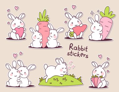 Küçük mutlu tavşancık çıkartması koleksiyonu. Elinde havuç, kalp, uyku ve sarılma olan beyaz tavşan çizgi film setinin vektör çizimi. Tebrik kartı, davetiye, tişört, baskı için düz çizgi sanat tarzı el tasarımı