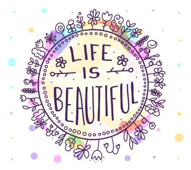 Birçok basit çiçek ve metin içeren güzel çiçek çelenklerinin vektör rengi çizimi. Beyaz arkaplanda daire şeklinde güzel bir mesaj. Kart, web, site, baskı için Doodle çizgisi sanat tarzı tasarımı
