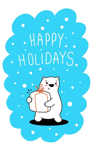 Illustrazione Vettoriale Grazioso Cartone Animato Bianco Orso Con Presente Sfondo — Vettoriale Stock