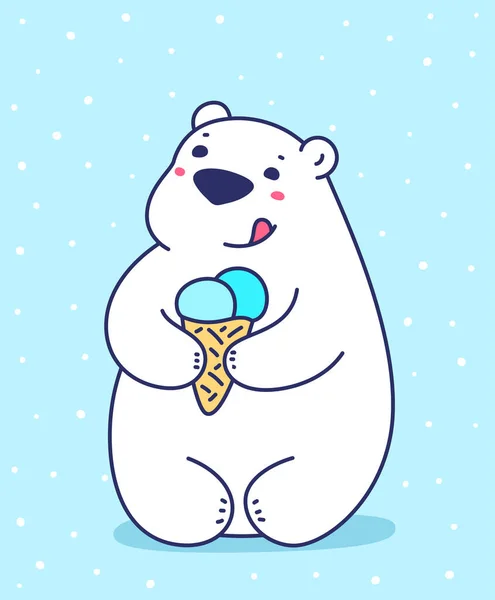 Wektor Ilustracja Piękny Kreskówkowy Biały Niedźwiedź Trzymając Róg Lodów Niebieskim — Wektor stockowy