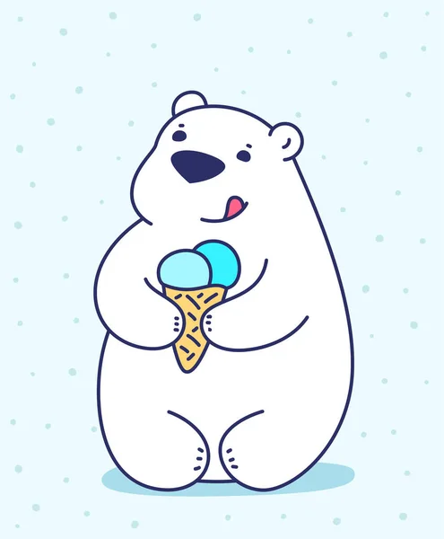 Happy little cute bear holding ice cream horn. Vector illustration of lovely cartoon white sitting bear on light background with snow. Line art doodle style hand drawn design for greeting card