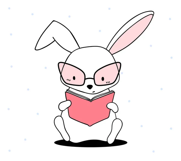 Vector Illustration Lovely Cartoon White Rabbit Glasses Reading Book Happy — Stock Vector