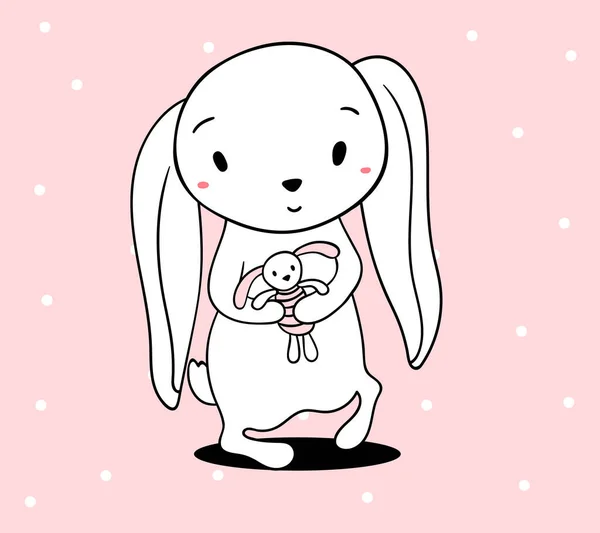 Vector Illustration Lovely Cartoon White Rabbit Holding Toy Pink Background — Stock Vector
