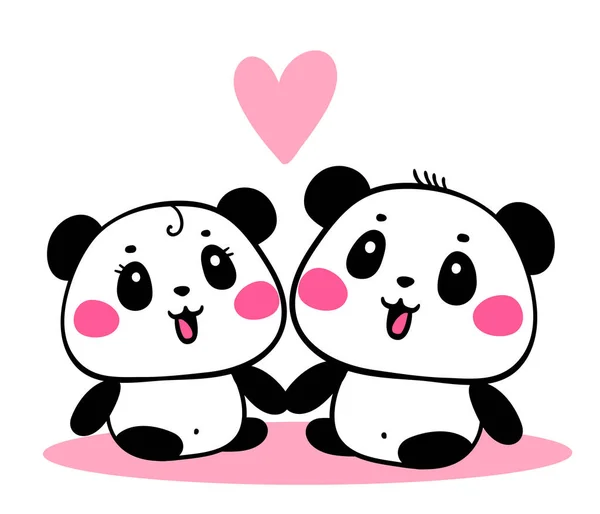 Güzel karikatür pandanın vektör çizimi beyaz arka planda yan yana oturur. Küçük, mutlu, romantik panda. Poster, tebrik kartı, tişört, baskı, çıkartma için düz çizgi çizimi el tasarımı