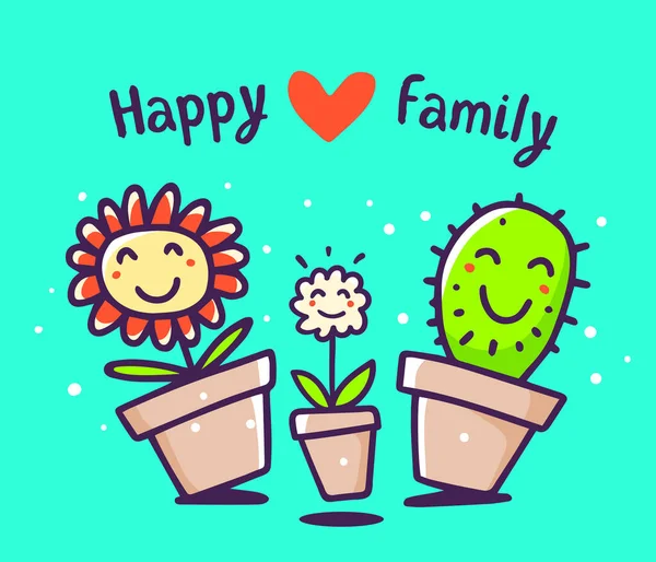Vector Colorful Illustration Cartoon Happy Flower Cactus Red Heart Text — Stock Vector