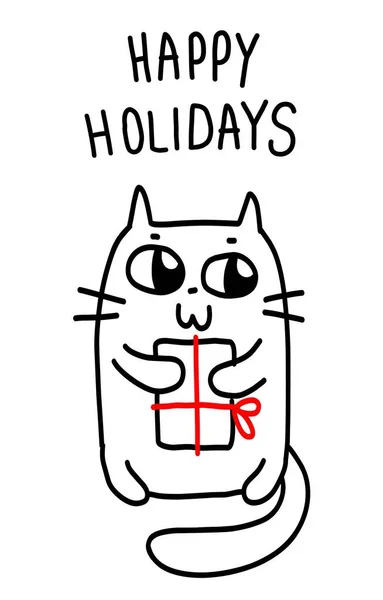Vektorová Monochromatická Ilustrace Kreslené Tlusté Kočky Dárkem Červenou Stuhou Krásná — Stockový vektor