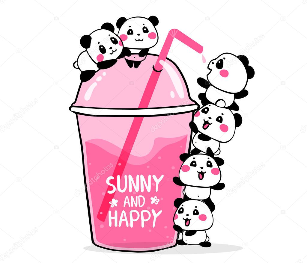 Happy cute pandas drink fruit pink cocktail in a plastic glass to take and go with a straw on white background. Vector illustration of many lovely cartoon pandas. Flat line art style design for poster, greeting card, tshirt, sticker, print