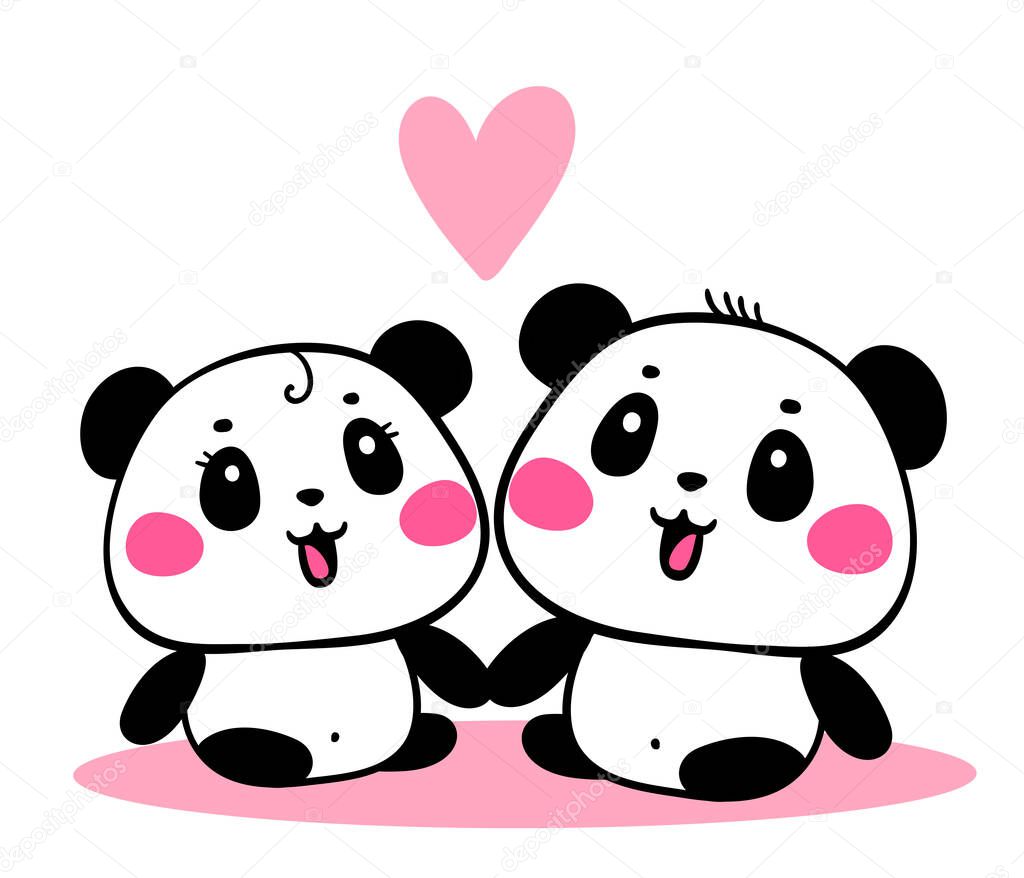 Vector illustration of lovely cartoon panda sit together on white background. Happy romantic little cute panda. Flat line art style hand drawn design for poster, greeting card, tshirt, print, sticker