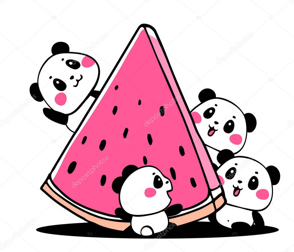 Happy cute panda eat fresh juicy pink piece of watermel on white background. Vector illustration of many lovely cartoon panda with berry. Flat line art style design for poster, greeting card, tshirt, sticker, print