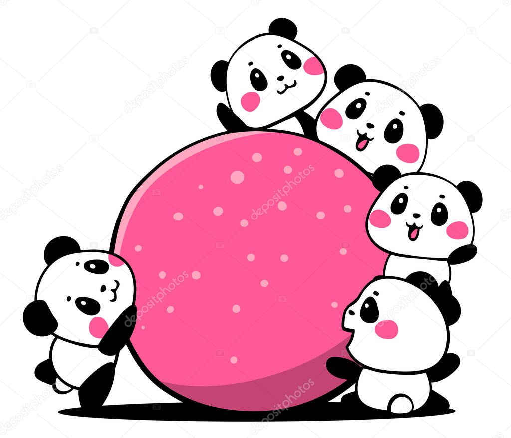 Vector illustration of lovely cartoon many panda with a big pink ball on white background. Happy little cute panda. Flat line art style hand drawn design for poster, greeting card, tshirt, print, sticker