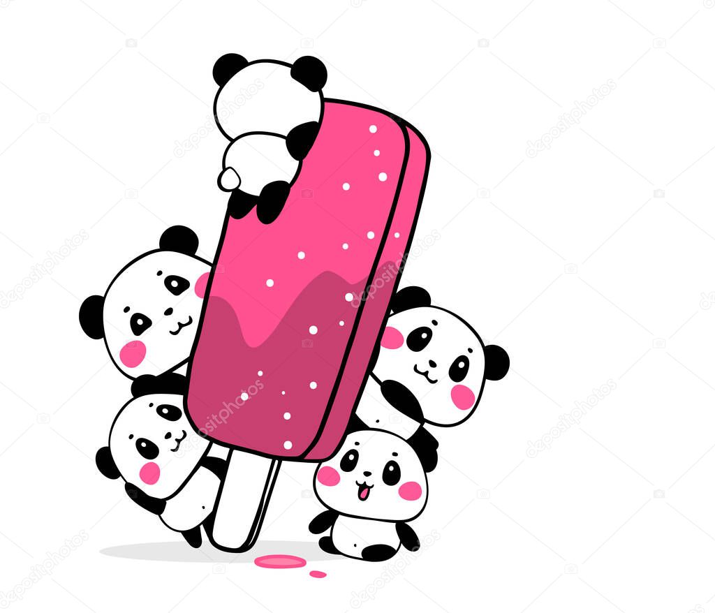 Happy cute pandas eat fruit ice cream popsicle on white background. Vector illustration of many lovely cartoon pandas with big pink ice cream. Flat style design for poster, greeting card, print, tshirt, sticker