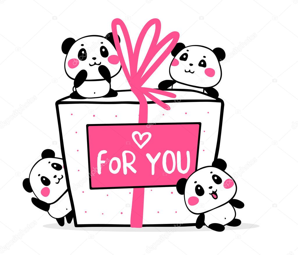 Happy cute pandas congratulate on holiday on white background. Vector illustration of many lovely cartoon pandas with big gift box with pink ribbon and card. Flat style romantic design for greeting card, tshirt, valentine day sticker