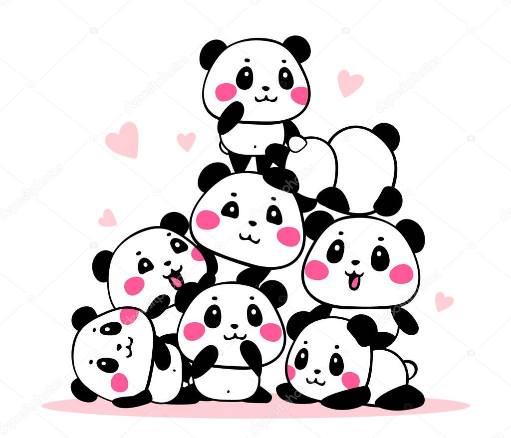 Vector illustration of many lovely cartoon pandas gathered in a heap on white background. Happy cute pandas are on each other in different poses. Flat line art style design for poster, greeting card, print, tshirt, sticker