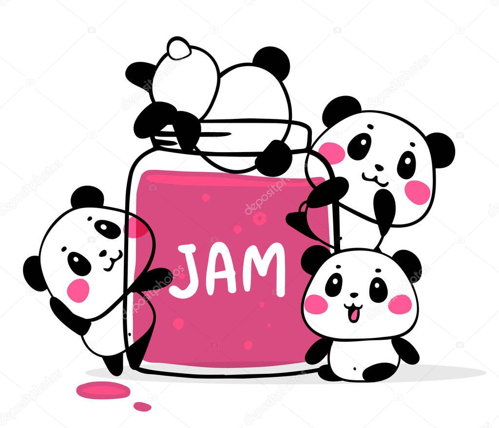 Vector illustration of many lovely cartoon pandas with big pink jam jar on white background. Happy cute pandas want to eat fruit jam. Flat line art style design for poster, greeting card, print, tshirt, sticker