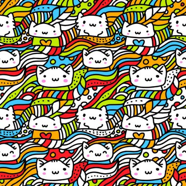 Şirin, farklı kedi yüzlü parlak, pürüzsüz bir şekil. Kedi deseni için el çizimi sanat tasarımı ağ, kart, tekstil, baskı, hediye paketi, kağıt