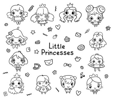 Küçük mutlu, siyah ve beyaz elbiseli bir kızın temsilci çizimi. Web, site, kart, çıkartma için prenses kızın el çizimi sanat tasarımı